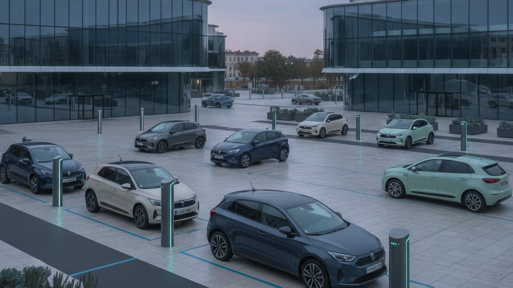 Parc de voitures électriques en cours de recharge sous un ciel clair